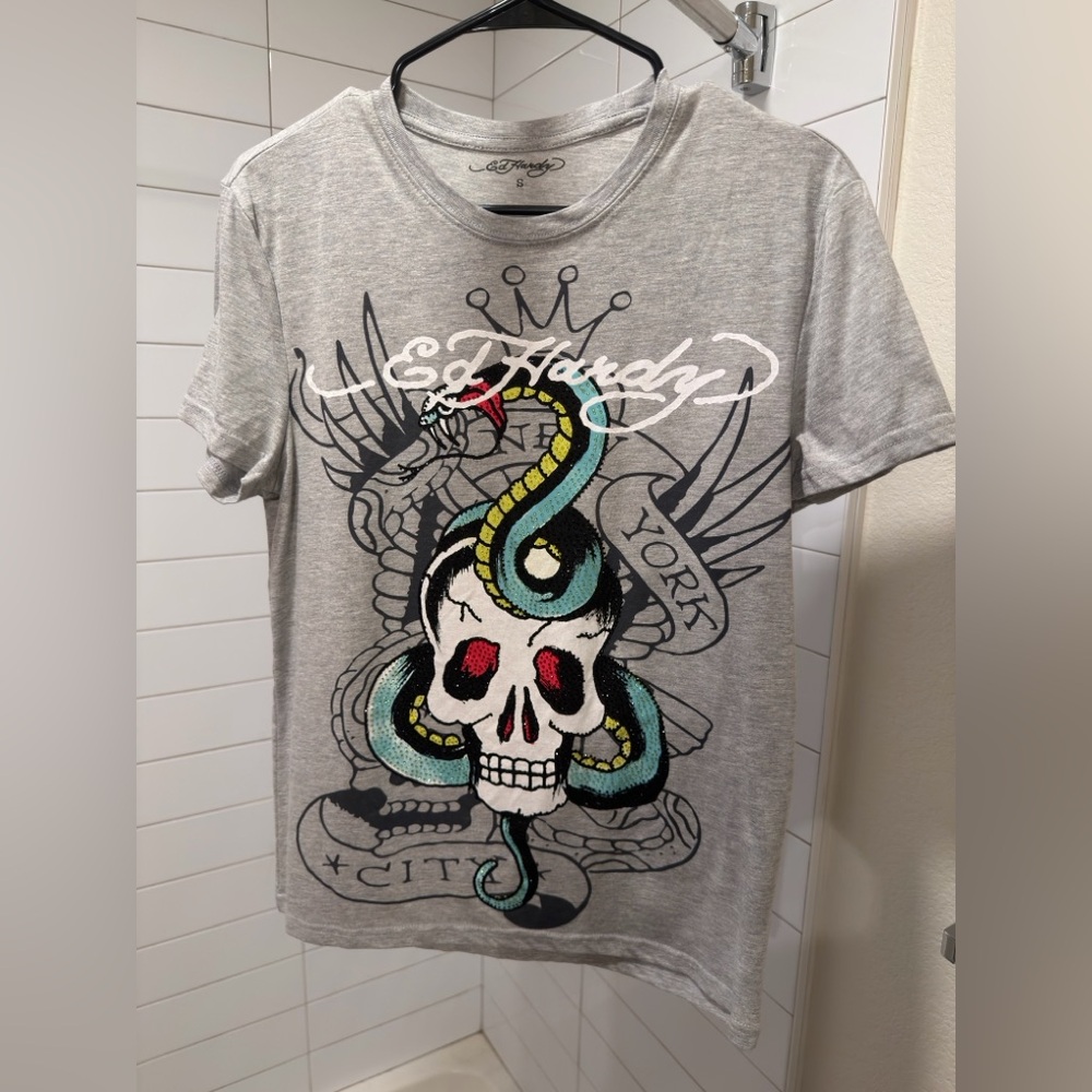 Ed Hardy • Grey New York City Skull Snake Rhinestone Tee T-shirt • Size S
